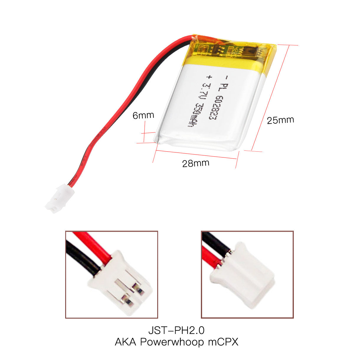 YDL 3.7V 350mAh 602823 Rechargeable Lithium Polymer Battery Length 25mm