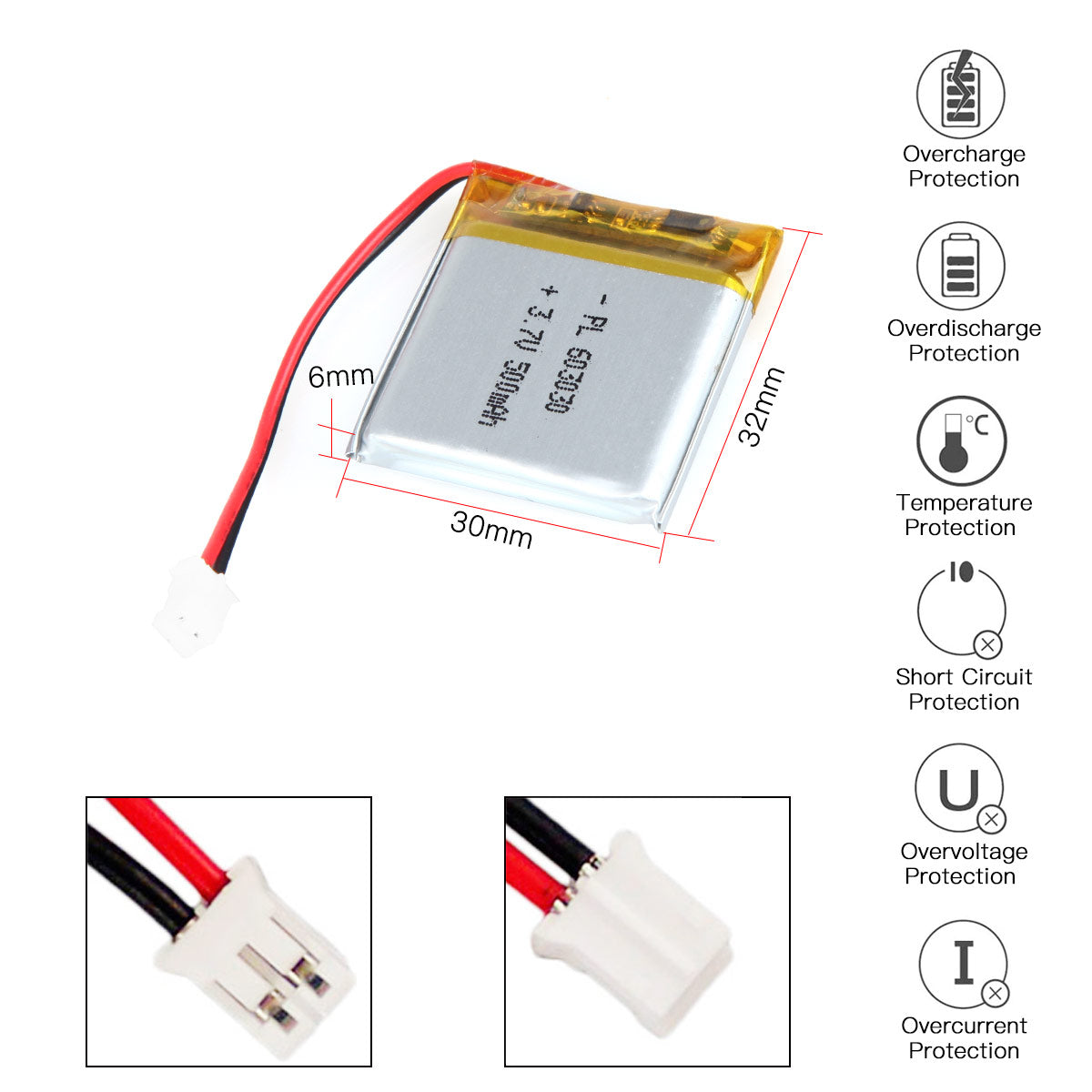 3.7V 500mAh 603030 Rechargeable Polymer Lithium-Ion Battery