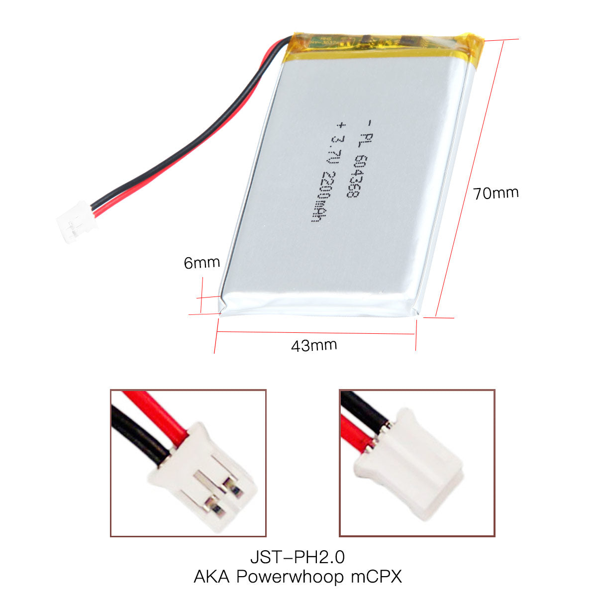 Lithium Battery 3.7V 2500mA w/ PH2.0 JST connector