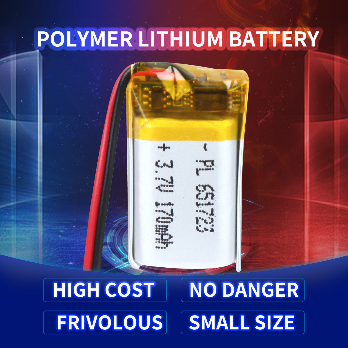 YDL 3.7V 170mAh 651723 Batterie Lithium Polymère Rechargeable Longueur 25mm