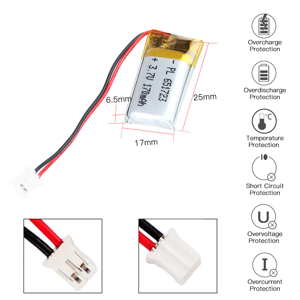 YDL 3.7V 170mAh 651723 Rechargeable Lithium Polymer Battery Length 25mm
