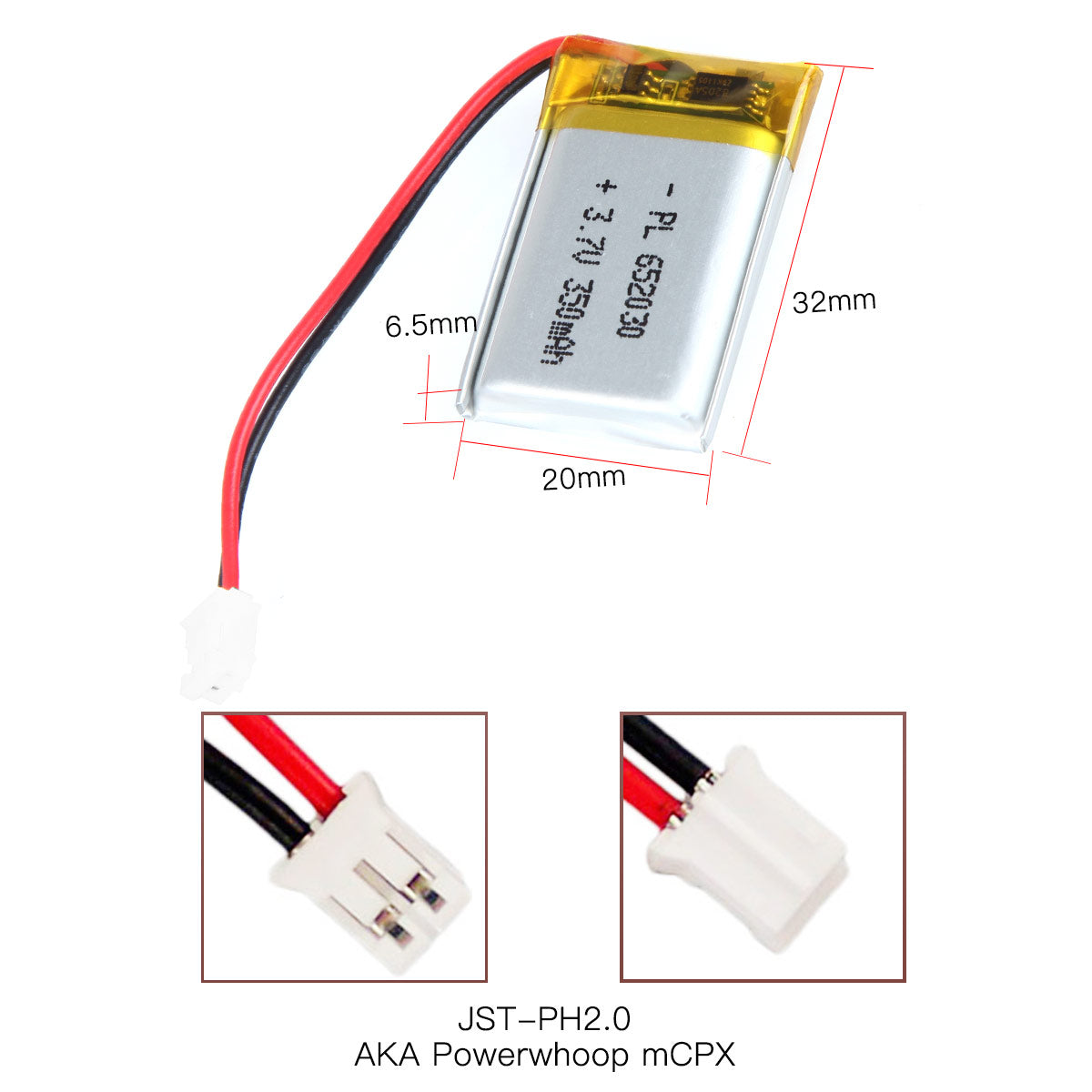 YDL 3.7V 350mAh 652030 Rechargeable Lithium Polymer Battery Length 32mm