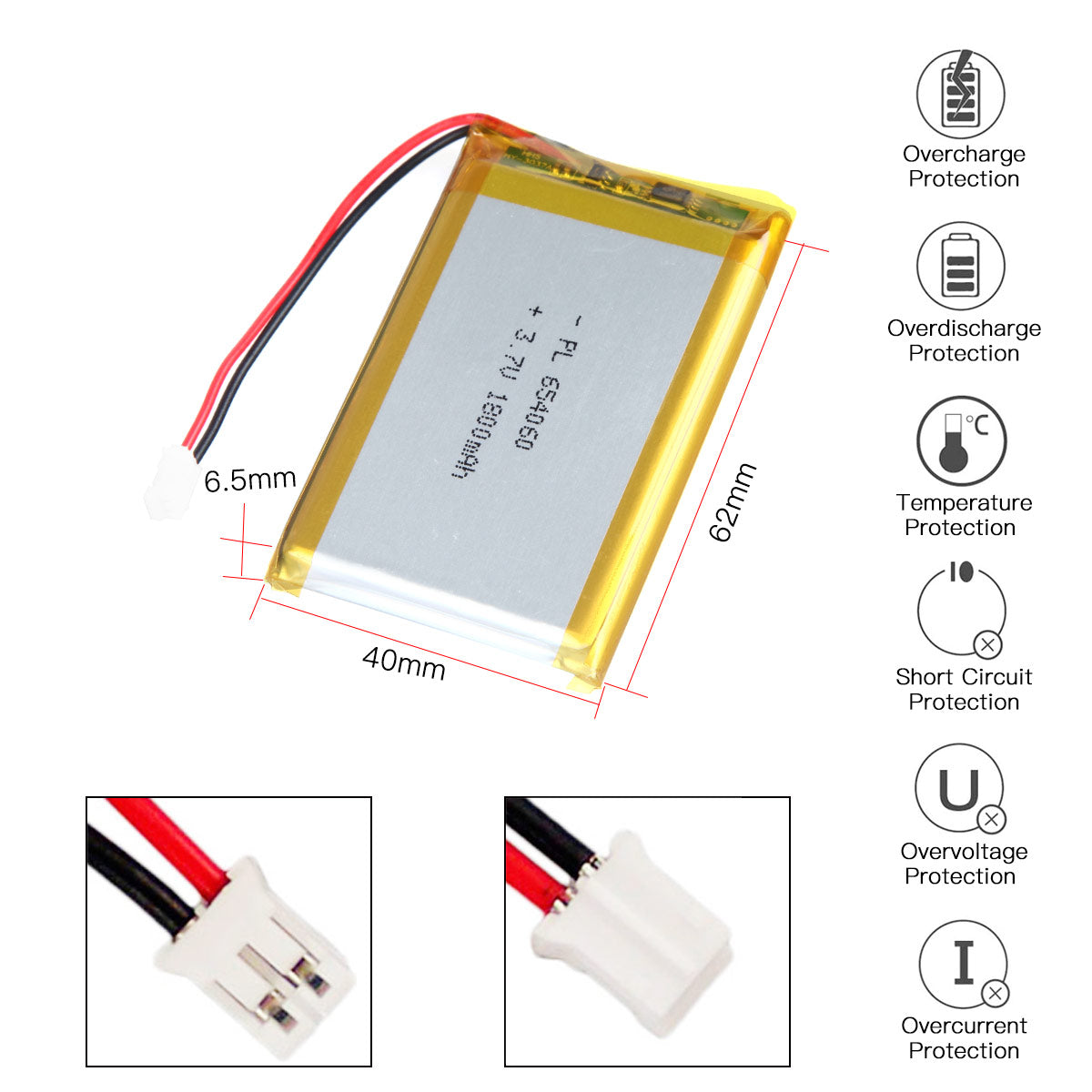 YDL 3.7V 1800mAh 654060 Rechargeable Lipo Battery with JST Connector - YDL Battery