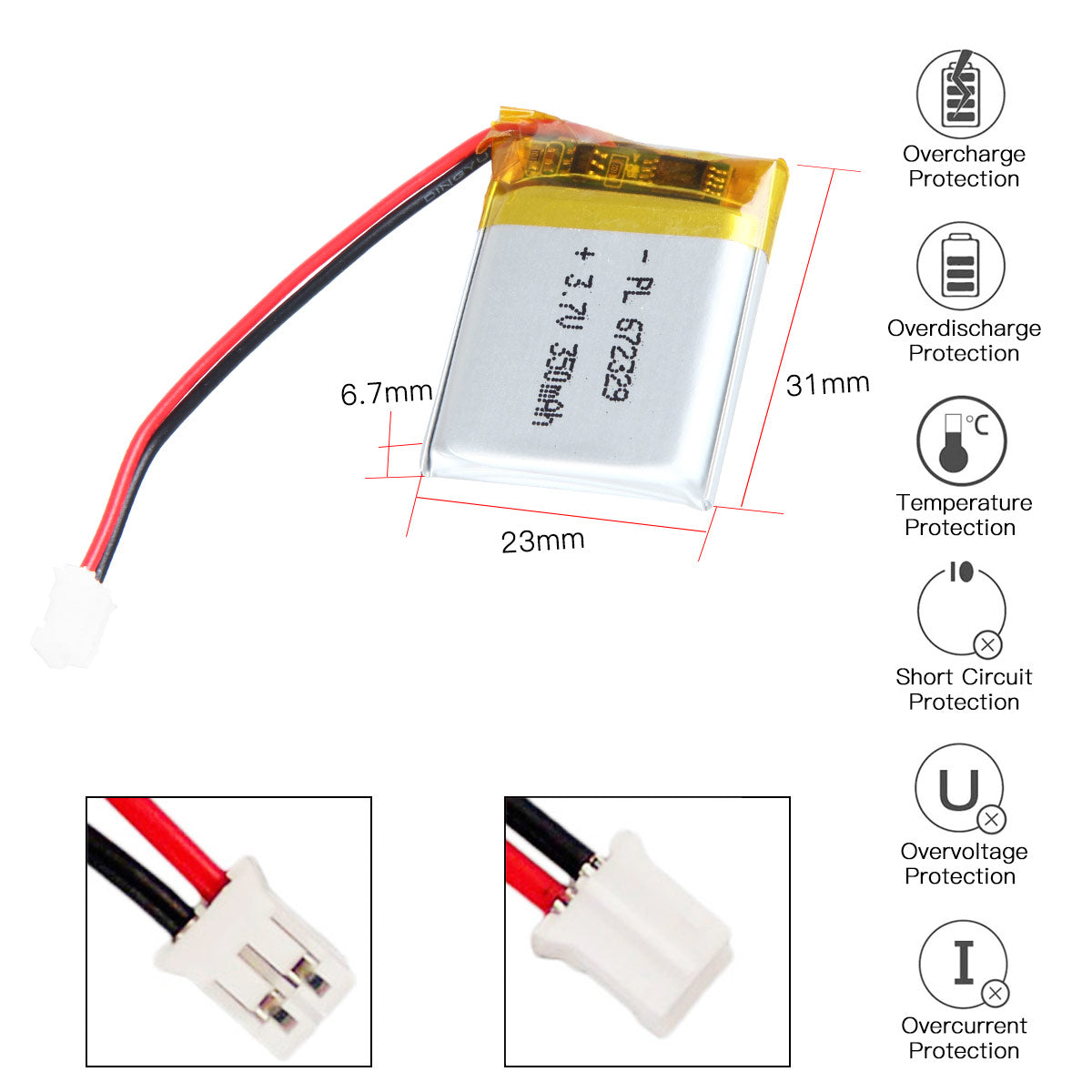 YDL 3.7V 350mAh 672329 Rechargeable Polymer Lithium-Ion Battery