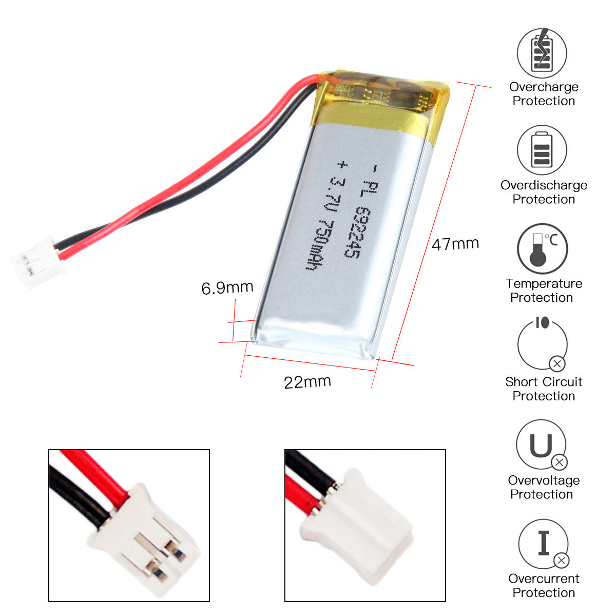 YDL 3.7V 750mAh 692245 Rechargeable Lipo Battery with JST Connector - YDL Battery