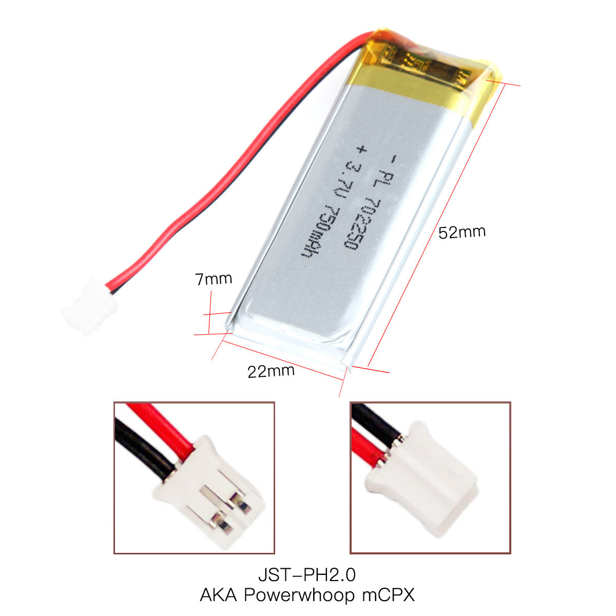 YDL 3.7V 750mAh 702250 Rechargeable Lipo Battery with JST Connector - YDL Battery