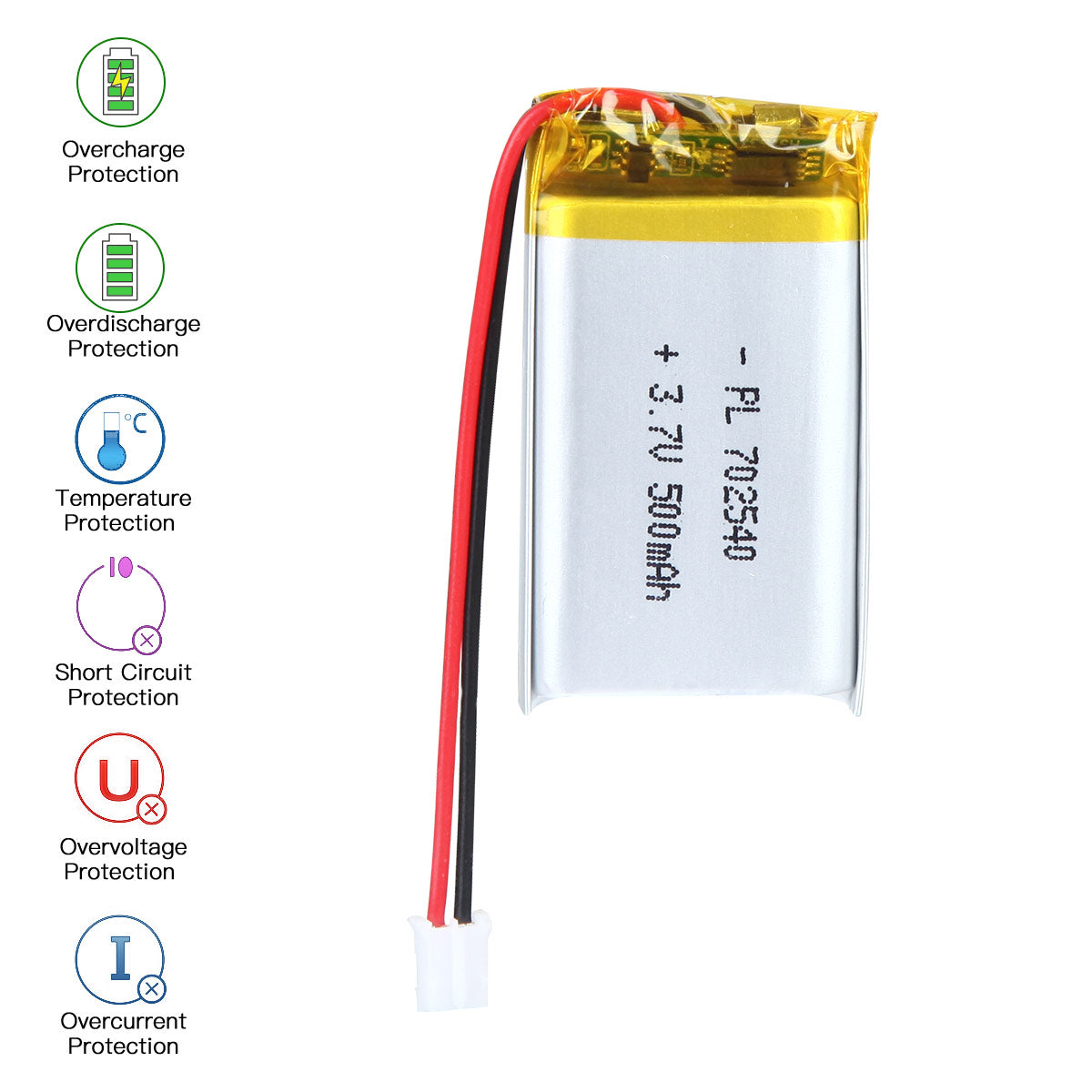 YDL 3.7V 500mAh 702540 Rechargeable Lithium Polymer Battery Length 42mm