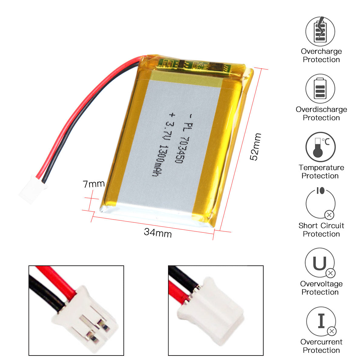 YDL 3.7V 1300mAh 703450 Rechargeable Lipo Battery with JST Connector - YDL Battery