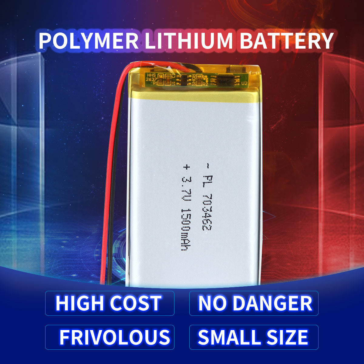 YDL 3.7V 1500mAh 703462 Batterie Lithium Polymère Rechargeable Longueur 64mm