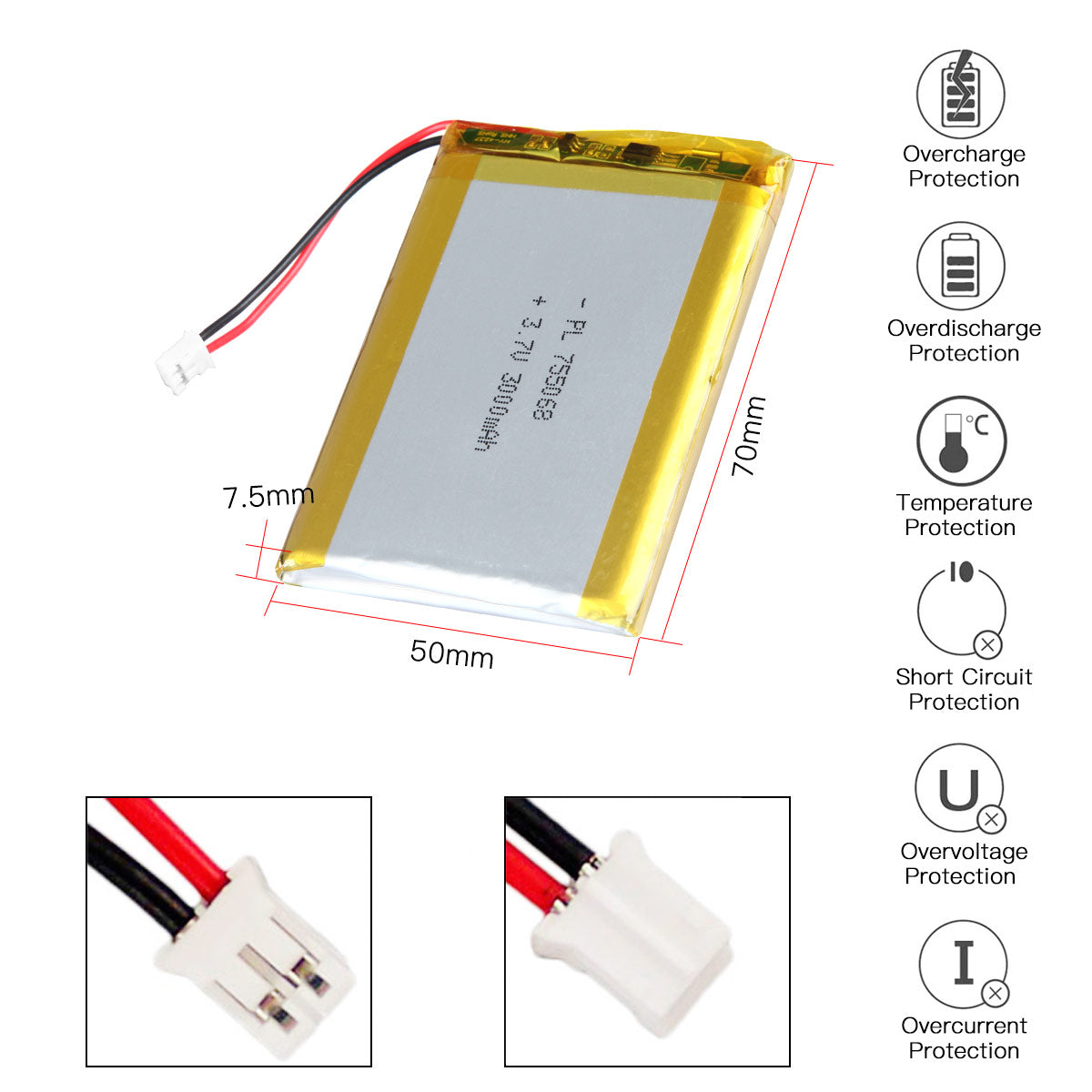 YDL 3.7V 3000mAh 755068 Rechargeable Lipo Battery with JST Connector - YDL Battery