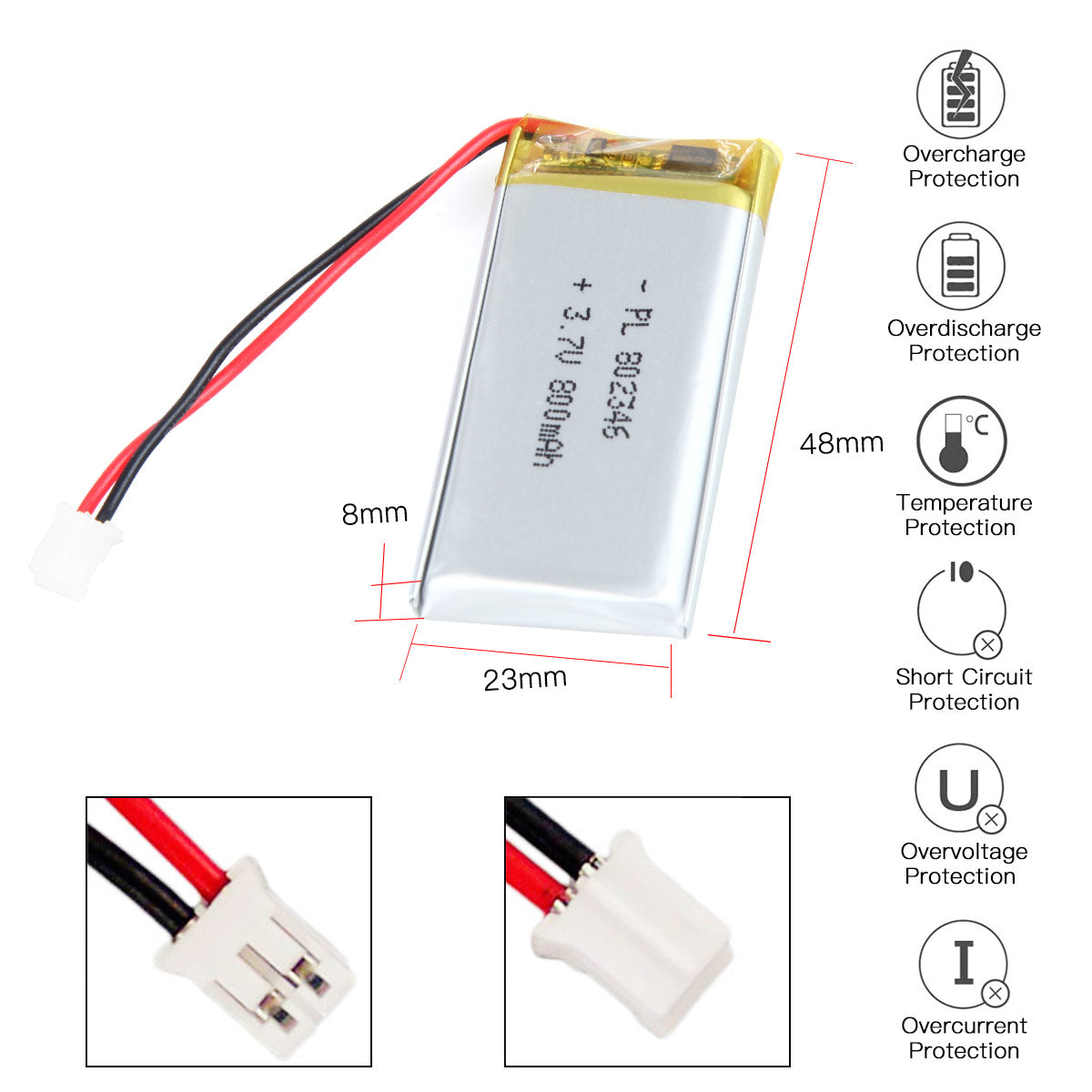 YDL 3.7V 800mAh 802346 Rechargeable Lipo Battery with JST Connector - YDL Battery
