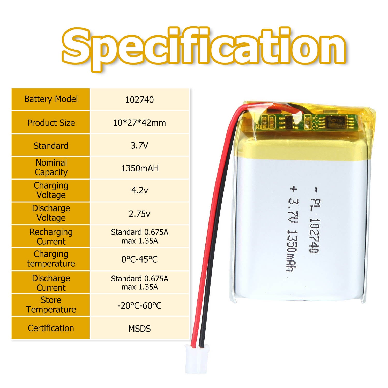 Batterie Lithium-Ion polymère rechargeable 3.7V 1350mAh 102740 Longueur 42mm